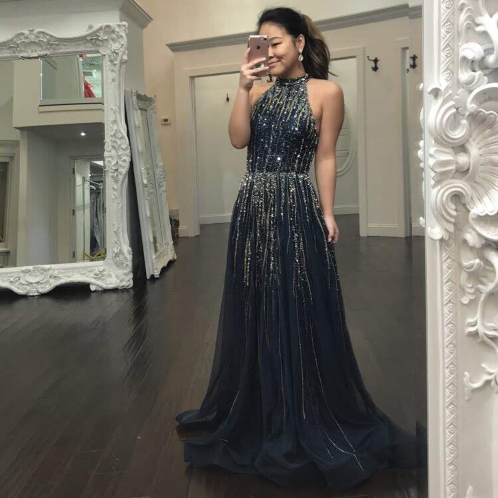 ASHLEY LAUREN Navy/Gold/Silver Prom Dress